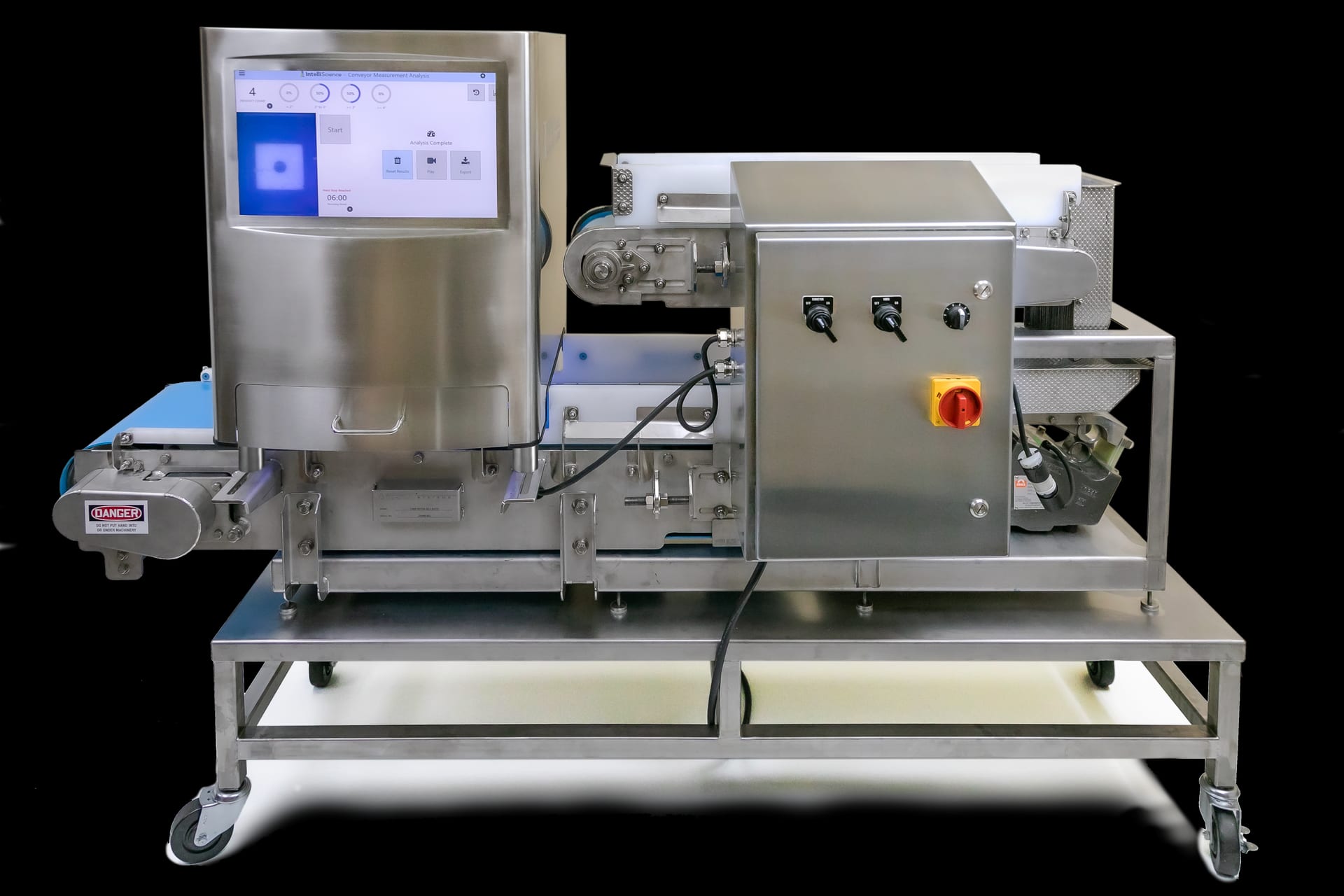 The IntelliScience Appliance benchtop inspection unit, front view, its screen displaying a live sample grade.